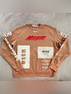 MSGM Men's Brown Tan Logo Graphic Turbo Crewneck Sweater Size M